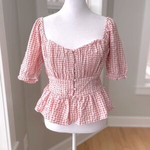 Guess Rose Meri Pink White Gingham Checked Square Neck Puff Sleeve Peplum Top M